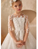 Sheer Long Sleeves Beaded White Lace Tulle Sparkly Flower Girl Dress